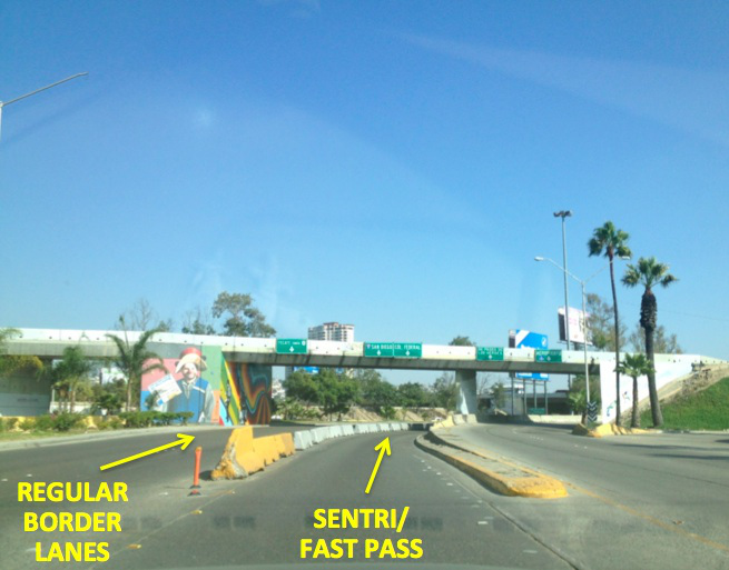 9. The border entrance will be straight ahead. For regular border lanes, you will need to be in one of the two far left lanes (the signs can be confusing, just remember to stay to the LEFT of the concrete barrier). For SENTRI or Fast Pass, you will follow signs for Col. Federal, going just to the RIGHT of the concrete barrier.