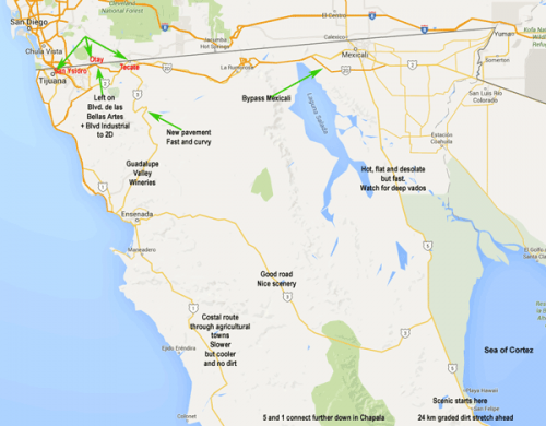 Baja border crossings map - motorcycle